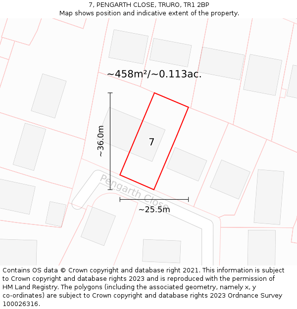 7, PENGARTH CLOSE, TRURO, TR1 2BP: Plot and title map