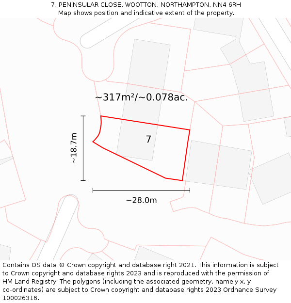 7, PENINSULAR CLOSE, WOOTTON, NORTHAMPTON, NN4 6RH: Plot and title map