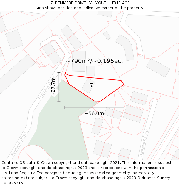 7, PENMERE DRIVE, FALMOUTH, TR11 4GF: Plot and title map