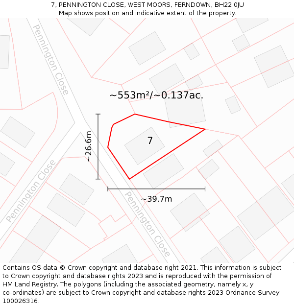 7, PENNINGTON CLOSE, WEST MOORS, FERNDOWN, BH22 0JU: Plot and title map