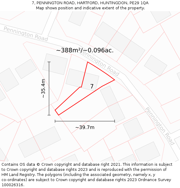 7, PENNINGTON ROAD, HARTFORD, HUNTINGDON, PE29 1QA: Plot and title map