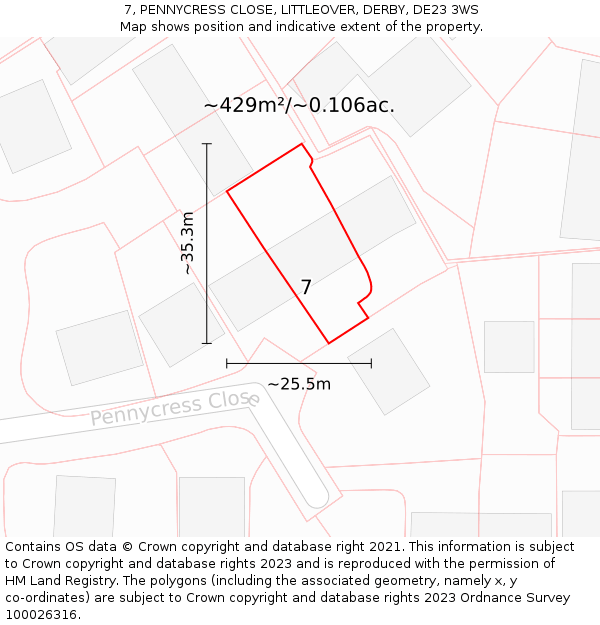 7, PENNYCRESS CLOSE, LITTLEOVER, DERBY, DE23 3WS: Plot and title map