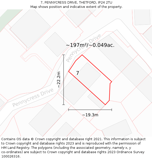 7, PENNYCRESS DRIVE, THETFORD, IP24 2TU: Plot and title map