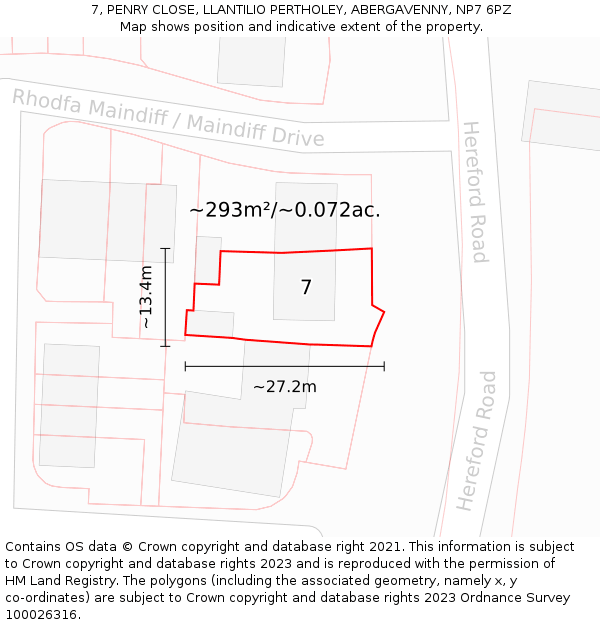 7, PENRY CLOSE, LLANTILIO PERTHOLEY, ABERGAVENNY, NP7 6PZ: Plot and title map