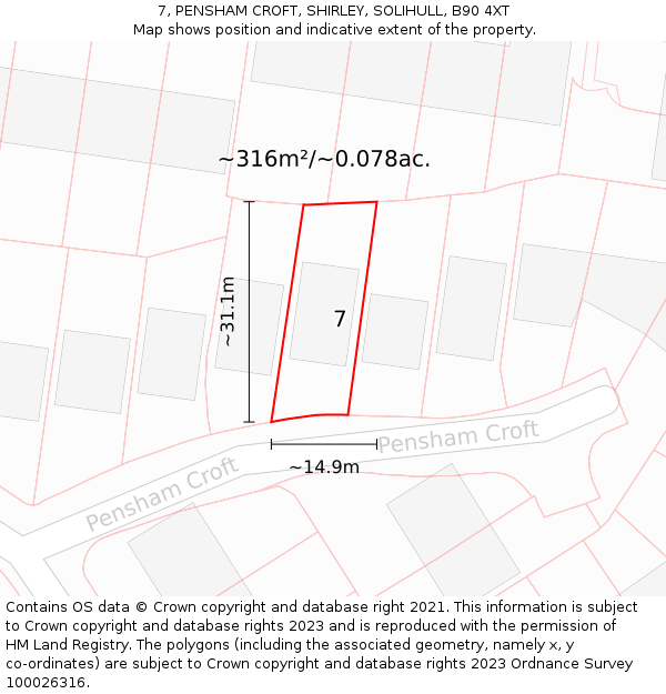 7, PENSHAM CROFT, SHIRLEY, SOLIHULL, B90 4XT: Plot and title map