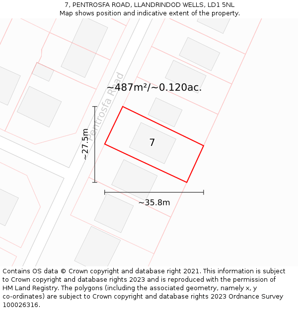 7, PENTROSFA ROAD, LLANDRINDOD WELLS, LD1 5NL: Plot and title map