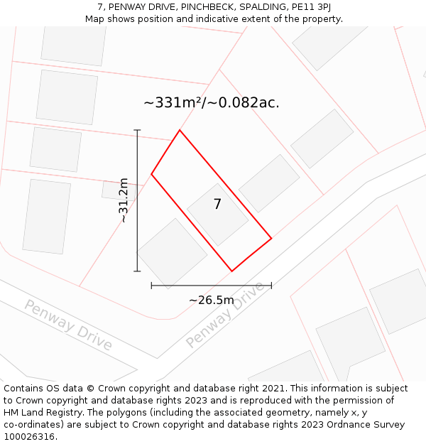 7, PENWAY DRIVE, PINCHBECK, SPALDING, PE11 3PJ: Plot and title map