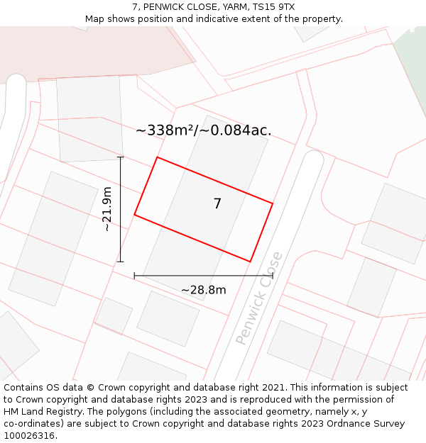 7, PENWICK CLOSE, YARM, TS15 9TX: Plot and title map