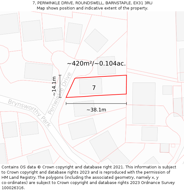 7, PERIWINKLE DRIVE, ROUNDSWELL, BARNSTAPLE, EX31 3RU: Plot and title map