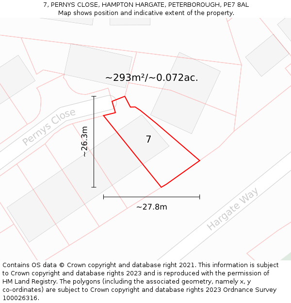 7, PERNYS CLOSE, HAMPTON HARGATE, PETERBOROUGH, PE7 8AL: Plot and title map