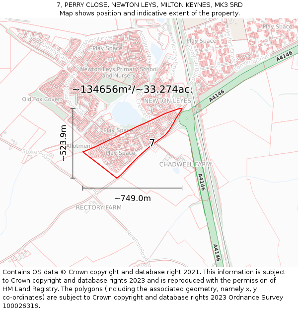 7, PERRY CLOSE, NEWTON LEYS, MILTON KEYNES, MK3 5RD: Plot and title map