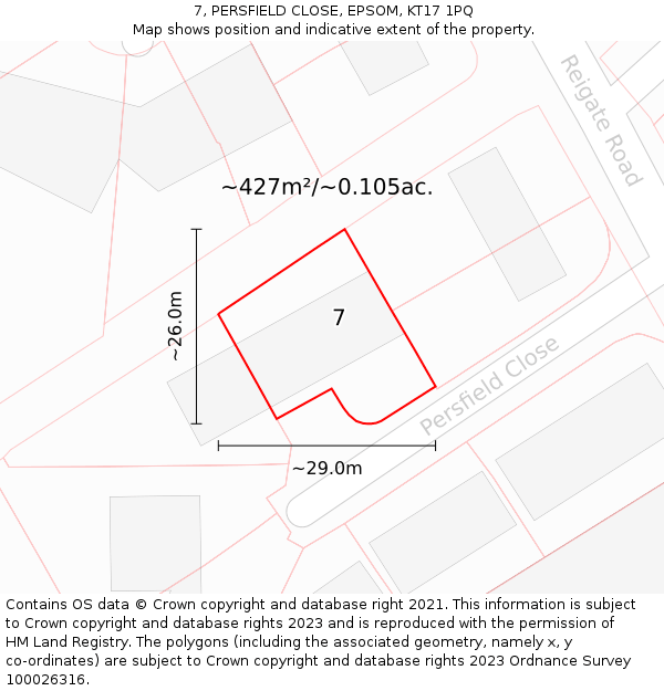 7, PERSFIELD CLOSE, EPSOM, KT17 1PQ: Plot and title map