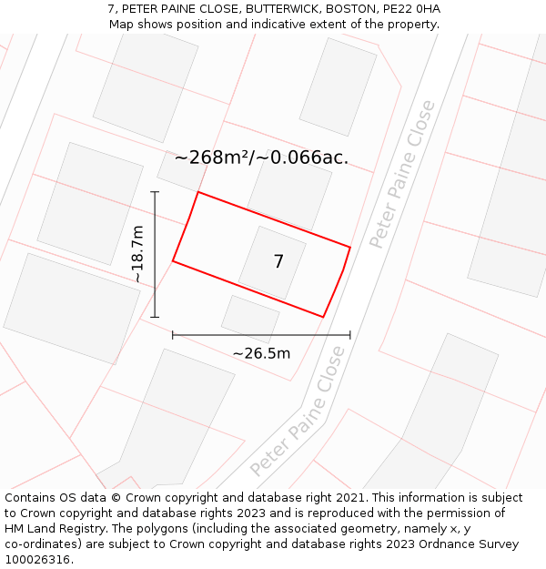 7, PETER PAINE CLOSE, BUTTERWICK, BOSTON, PE22 0HA: Plot and title map