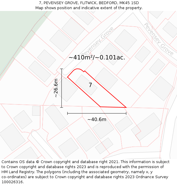 7, PEVENSEY GROVE, FLITWICK, BEDFORD, MK45 1SD: Plot and title map