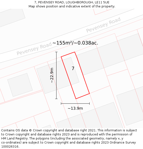 7, PEVENSEY ROAD, LOUGHBOROUGH, LE11 5UE: Plot and title map