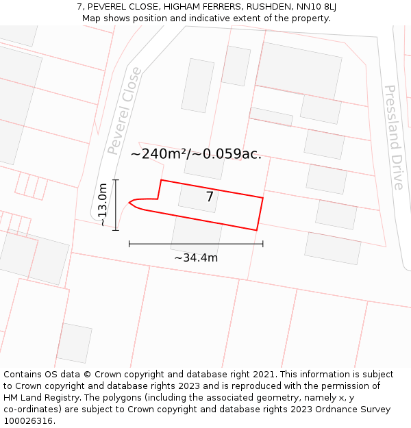 7, PEVEREL CLOSE, HIGHAM FERRERS, RUSHDEN, NN10 8LJ: Plot and title map