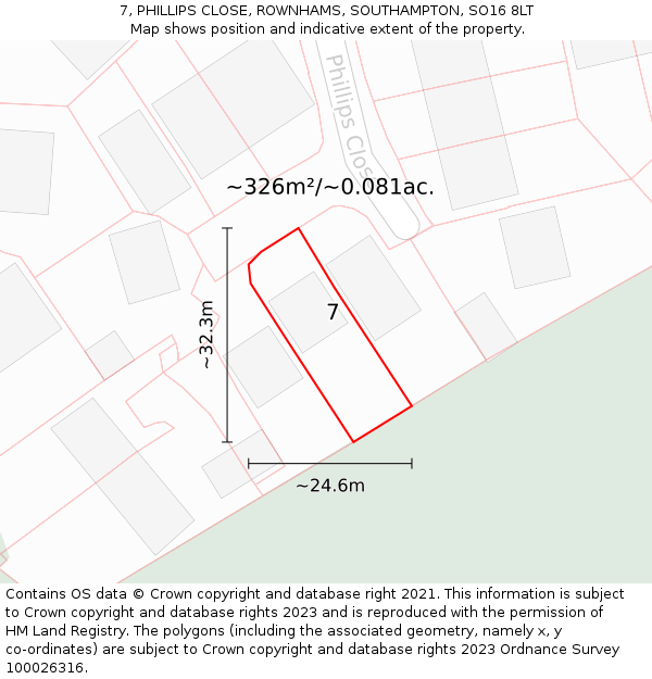 7, PHILLIPS CLOSE, ROWNHAMS, SOUTHAMPTON, SO16 8LT: Plot and title map