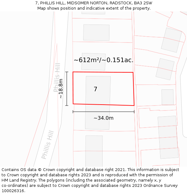 7, PHILLIS HILL, MIDSOMER NORTON, RADSTOCK, BA3 2SW: Plot and title map