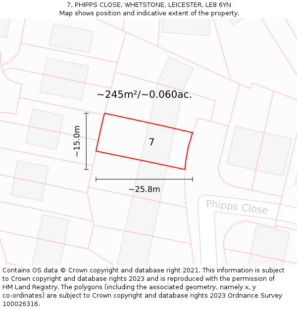 7, PHIPPS CLOSE, WHETSTONE, LEICESTER, LE8 6YN: Plot and title map