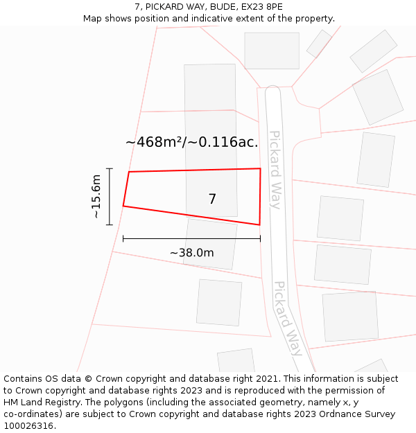 7, PICKARD WAY, BUDE, EX23 8PE: Plot and title map