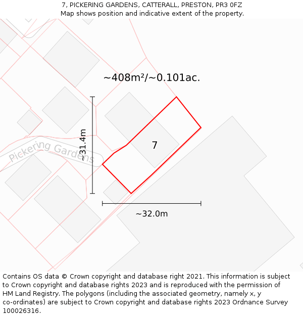 7, PICKERING GARDENS, CATTERALL, PRESTON, PR3 0FZ: Plot and title map