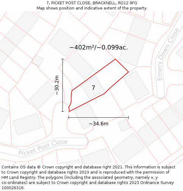 7, PICKET POST CLOSE, BRACKNELL, RG12 9FG: Plot and title map