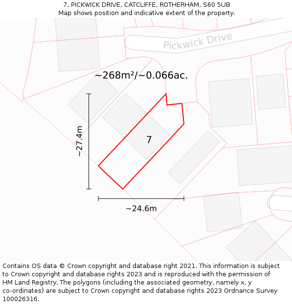 7, PICKWICK DRIVE, CATCLIFFE, ROTHERHAM, S60 5UB: Plot and title map