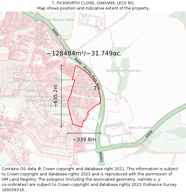 7, PICKWORTH CLOSE, OAKHAM, LE15 6FL: Plot and title map