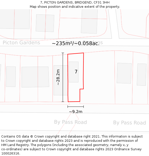 7, PICTON GARDENS, BRIDGEND, CF31 3HH: Plot and title map
