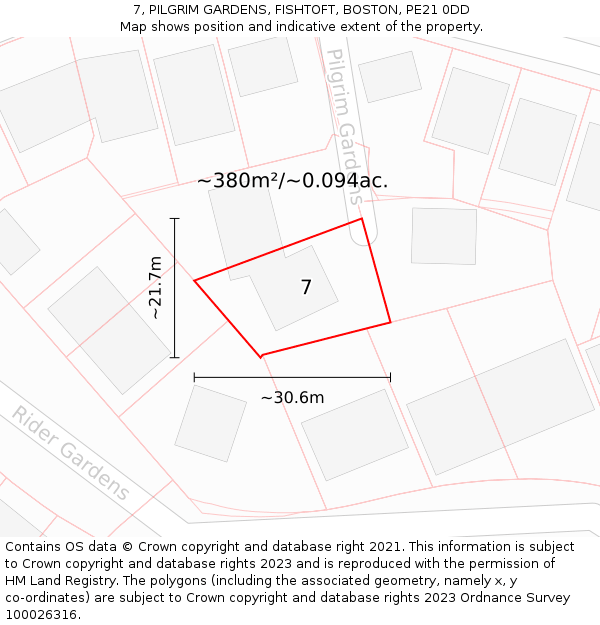7, PILGRIM GARDENS, FISHTOFT, BOSTON, PE21 0DD: Plot and title map