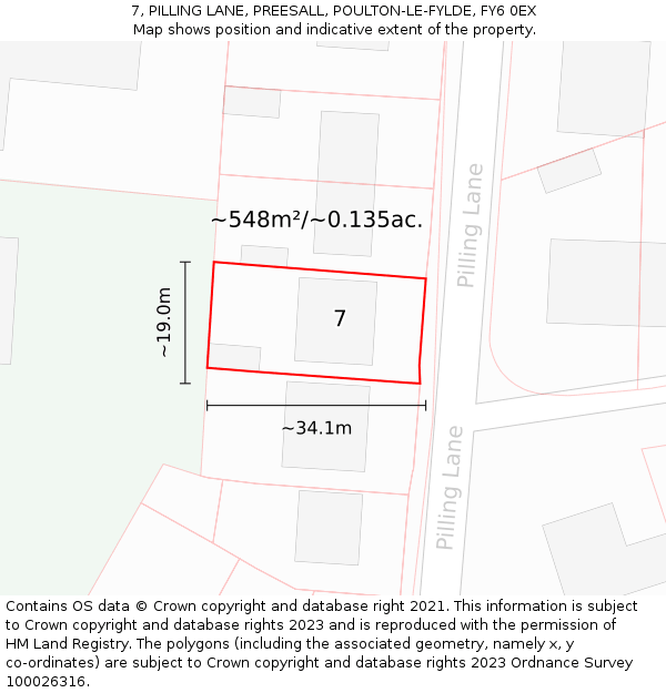 7, PILLING LANE, PREESALL, POULTON-LE-FYLDE, FY6 0EX: Plot and title map