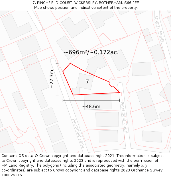 7, PINCHFIELD COURT, WICKERSLEY, ROTHERHAM, S66 1FE: Plot and title map