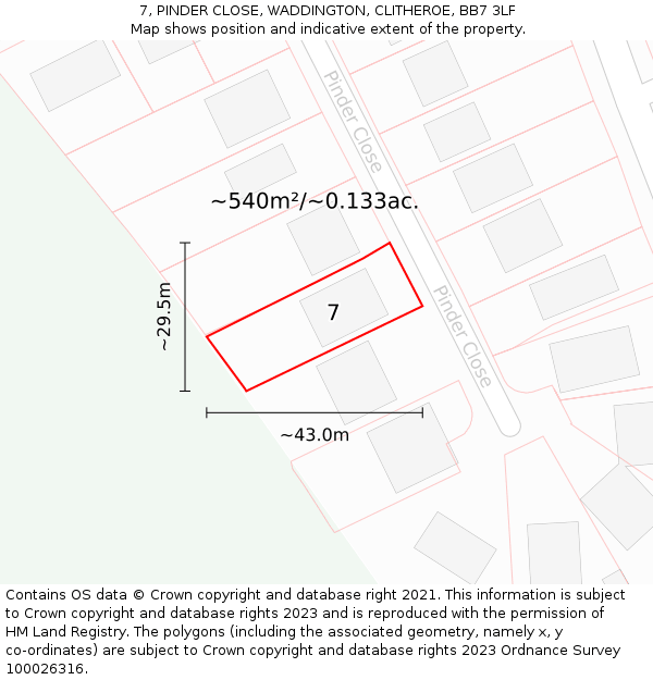 7, PINDER CLOSE, WADDINGTON, CLITHEROE, BB7 3LF: Plot and title map