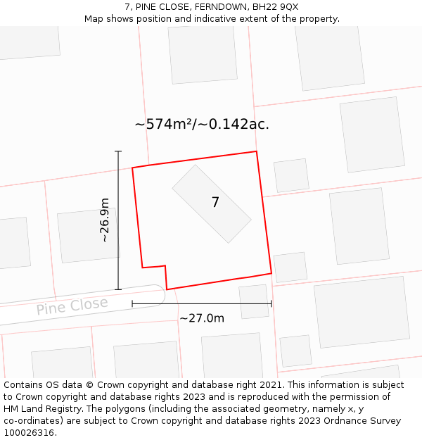 7, PINE CLOSE, FERNDOWN, BH22 9QX: Plot and title map