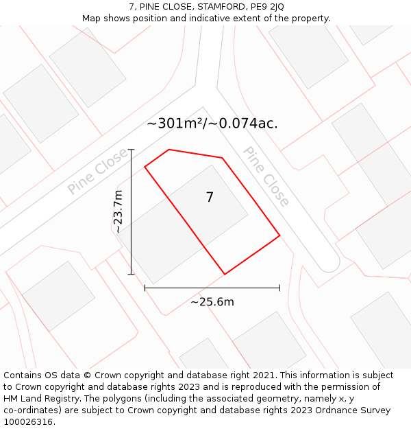 7, PINE CLOSE, STAMFORD, PE9 2JQ: Plot and title map