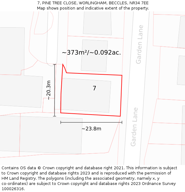 7, PINE TREE CLOSE, WORLINGHAM, BECCLES, NR34 7EE: Plot and title map