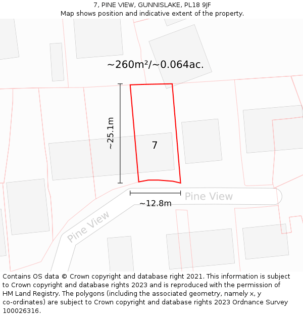 7, PINE VIEW, GUNNISLAKE, PL18 9JF: Plot and title map