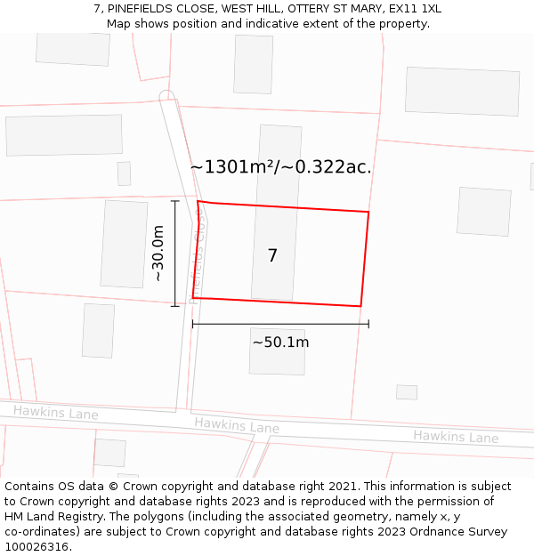 7, PINEFIELDS CLOSE, WEST HILL, OTTERY ST MARY, EX11 1XL: Plot and title map