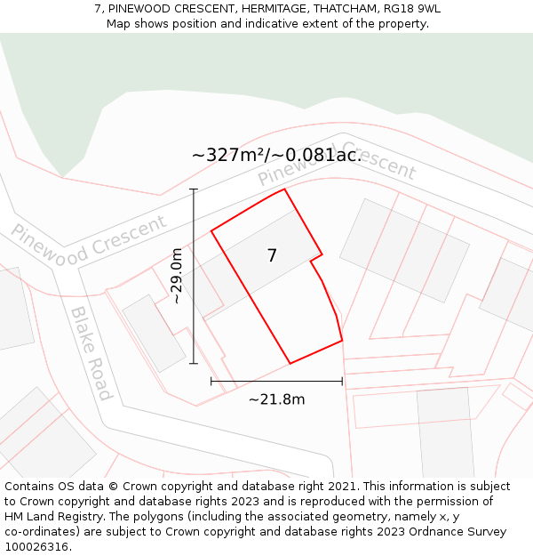 7, PINEWOOD CRESCENT, HERMITAGE, THATCHAM, RG18 9WL: Plot and title map
