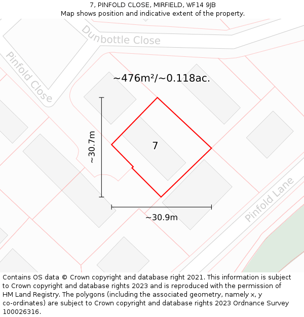 7, PINFOLD CLOSE, MIRFIELD, WF14 9JB: Plot and title map