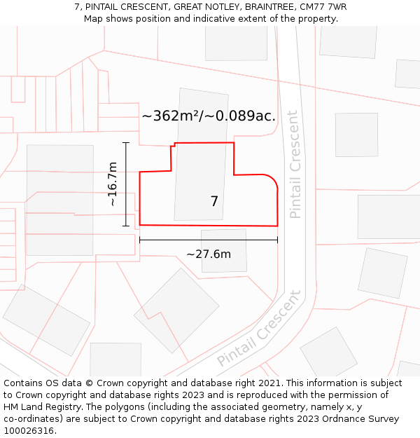 7, PINTAIL CRESCENT, GREAT NOTLEY, BRAINTREE, CM77 7WR: Plot and title map