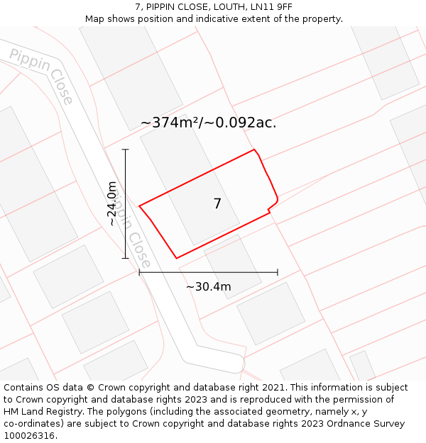 7, PIPPIN CLOSE, LOUTH, LN11 9FF: Plot and title map