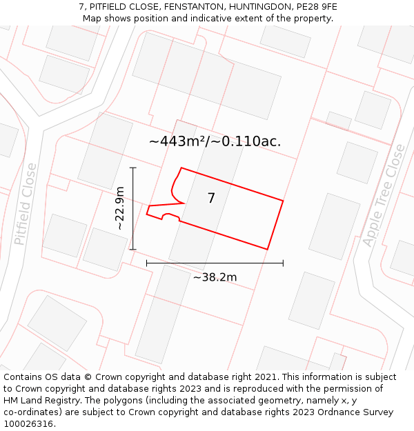 7, PITFIELD CLOSE, FENSTANTON, HUNTINGDON, PE28 9FE: Plot and title map