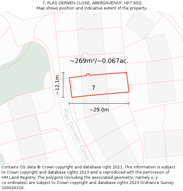7, PLAS DERWEN CLOSE, ABERGAVENNY, NP7 9SQ: Plot and title map