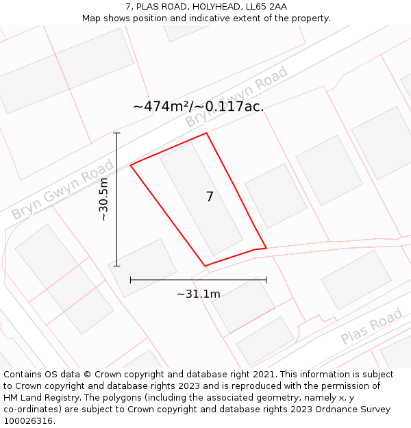 7, PLAS ROAD, HOLYHEAD, LL65 2AA: Plot and title map