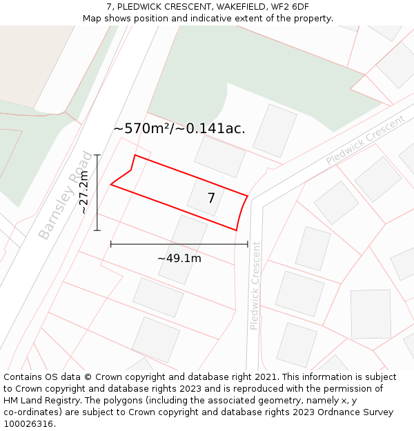 7, PLEDWICK CRESCENT, WAKEFIELD, WF2 6DF: Plot and title map
