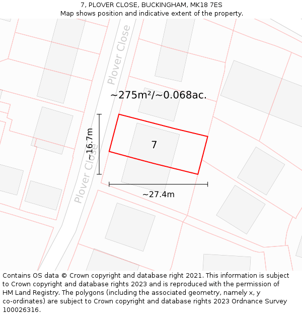 7, PLOVER CLOSE, BUCKINGHAM, MK18 7ES: Plot and title map