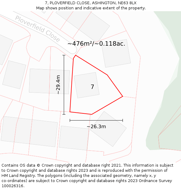 7, PLOVERFIELD CLOSE, ASHINGTON, NE63 8LX: Plot and title map