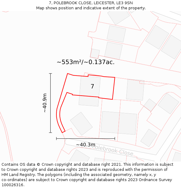 7, POLEBROOK CLOSE, LEICESTER, LE3 9SN: Plot and title map