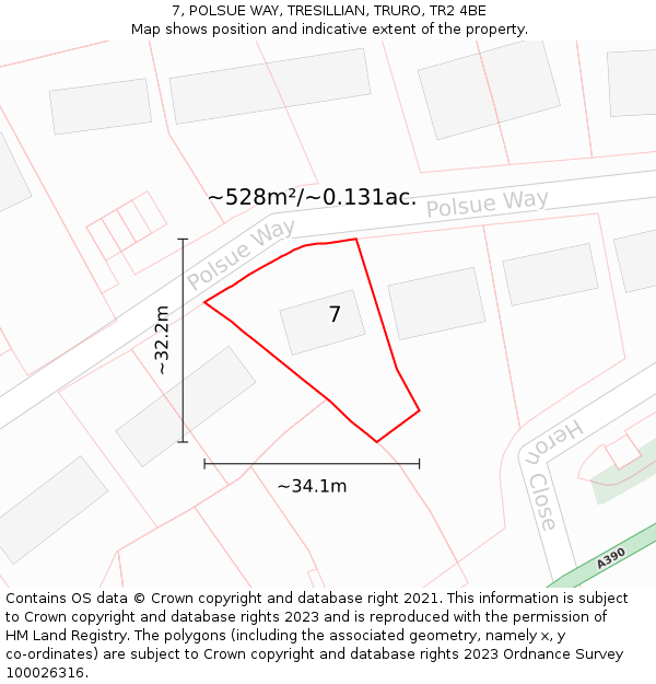 7, POLSUE WAY, TRESILLIAN, TRURO, TR2 4BE: Plot and title map